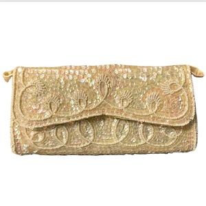 Vintage La Regale Sequin Beaded Clutch Purse Strap Satin Iridescent Wedding NYE